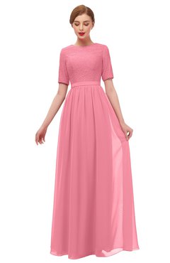 ColsBM Ansley Watermelon Bridesmaid Dresses Modest Lace Jewel A-line Elbow Length Sleeve Zip up