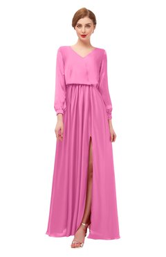 ColsBM Carey Carnation Pink Bridesmaid Dresses Long Sleeve A-line Glamorous Split-Front Floor Length V-neck