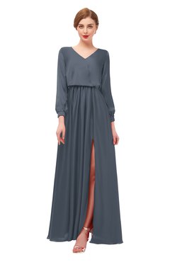 ColsBM Carey Charcoal Bridesmaid Dresses Long Sleeve A-line Glamorous Split-Front Floor Length V-neck