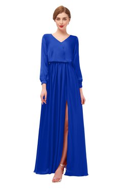 ColsBM Carey Dazzling Blue Bridesmaid Dresses Long Sleeve A-line Glamorous Split-Front Floor Length V-neck