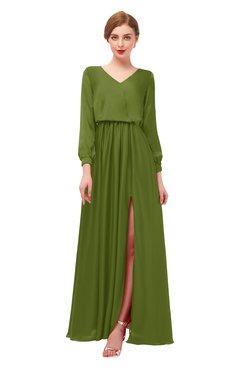 ColsBM Carey Olive Green Bridesmaid Dresses Long Sleeve A-line Glamorous Split-Front Floor Length V-neck