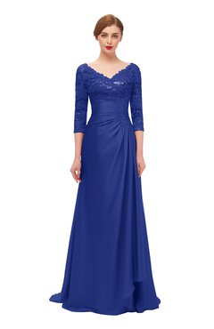 ColsBM Tatum Electric Blue Bridesmaid Dresses Luxury Zipper Three-fourths Length Sleeve Brush Train Lace V-neck