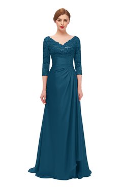 ColsBM Tatum Moroccan Blue Bridesmaid Dresses Luxury Zipper Three-fourths Length Sleeve Brush Train Lace V-neck