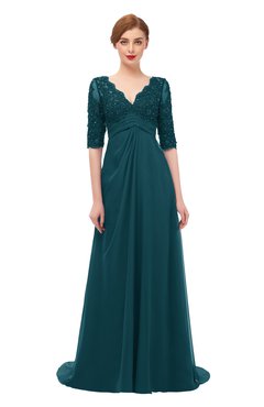 ColsBM Harper Blue Green Bridesmaid Dresses Half Backless Elbow Length Sleeve Mature Sweep Train A-line V-neck
