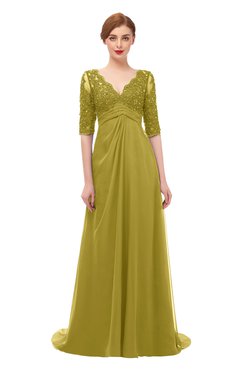 ColsBM Harper Golden Olive Bridesmaid Dresses Half Backless Elbow Length Sleeve Mature Sweep Train A-line V-neck