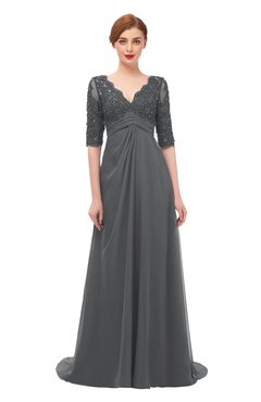 ColsBM Harper Grey Bridesmaid Dresses Half Backless Elbow Length Sleeve Mature Sweep Train A-line V-neck