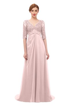ColsBM Harper Pastel Pink Bridesmaid Dresses Half Backless Elbow Length Sleeve Mature Sweep Train A-line V-neck