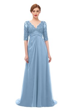 ColsBM Harper Sky Blue Bridesmaid Dresses Half Backless Elbow Length Sleeve Mature Sweep Train A-line V-neck