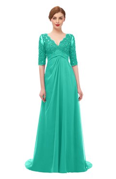 ColsBM Harper Viridian Green Bridesmaid Dresses Half Backless Elbow Length Sleeve Mature Sweep Train A-line V-neck