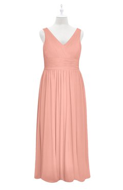 ColsBM Myla Peach Plus Size Bridesmaid Dresses Ruching V-neck Sleeveless Zip up Floor Length Romantic