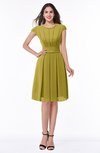ColsBM Maya Golden Olive Modest A-line Short Sleeve Chiffon Knee Length Sash Plus Size Bridesmaid Dresses