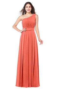 ColsBM Noemi Living Coral Elegant A-line One Shoulder Sleeveless Floor Length Pleated Plus Size Bridesmaid Dresses