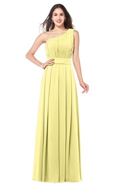 ColsBM Noemi Pastel Yellow Elegant A-line One Shoulder Sleeveless Floor Length Pleated Plus Size Bridesmaid Dresses