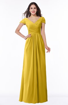ColsBM Evie Lemon Curry Glamorous A-line Short Sleeve Floor Length Ruching Plus Size Bridesmaid Dresses