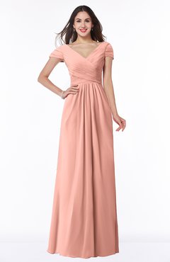 ColsBM Evie Peach Glamorous A-line Short Sleeve Floor Length Ruching Plus Size Bridesmaid Dresses