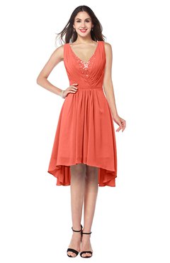 ColsBM Ainsley Living Coral Elegant A-line Zipper Hi-Lo Ruching Plus Size Bridesmaid Dresses