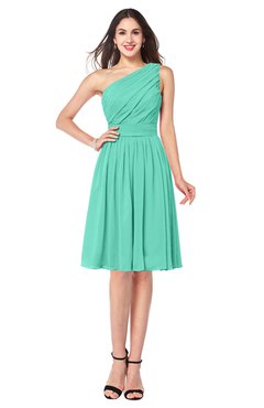 ColsBM Lorelei Seafoam Green Elegant Asymmetric Neckline Zipper Chiffon Knee Length Plus Size Bridesmaid Dresses