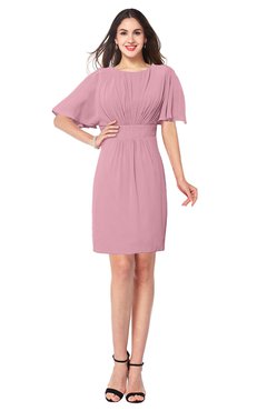 ColsBM Jaylee Light Coral Simple Jewel Short Sleeve Mini Ribbon Plus Size Bridesmaid Dresses