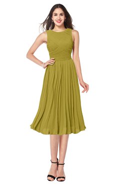 ColsBM Wynter Golden Olive Traditional A-line Jewel Sleeveless Tea Length Pleated Plus Size Bridesmaid Dresses