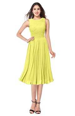 ColsBM Wynter Pale Yellow Traditional A-line Jewel Sleeveless Tea Length Pleated Plus Size Bridesmaid Dresses