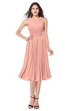 ColsBM Wynter Peach Traditional A-line Jewel Sleeveless Tea Length Pleated Plus Size Bridesmaid Dresses