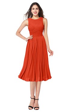 ColsBM Wynter Tangerine Tango Traditional A-line Jewel Sleeveless Tea Length Pleated Plus Size Bridesmaid Dresses