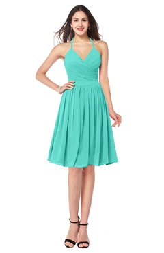 ColsBM Maleah Blue Turquoise Modern A-line Halter Half Backless Knee Length Ruching Plus Size Bridesmaid Dresses