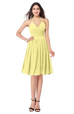 ColsBM Maleah Daffodil Modern A-line Halter Half Backless Knee Length Ruching Plus Size Bridesmaid Dresses