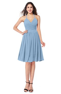 ColsBM Maleah Dusty Blue Modern A-line Halter Half Backless Knee Length Ruching Plus Size Bridesmaid Dresses
