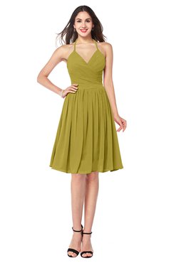 ColsBM Maleah Golden Olive Modern A-line Halter Half Backless Knee Length Ruching Plus Size Bridesmaid Dresses