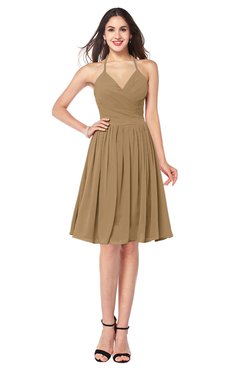 ColsBM Maleah Indian Tan Modern A-line Halter Half Backless Knee Length Ruching Plus Size Bridesmaid Dresses