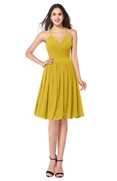 ColsBM Maleah Lemon Curry Modern A-line Halter Half Backless Knee Length Ruching Plus Size Bridesmaid Dresses