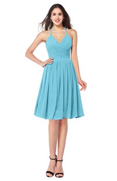 ColsBM Maleah Light Blue Modern A-line Halter Half Backless Knee Length Ruching Plus Size Bridesmaid Dresses