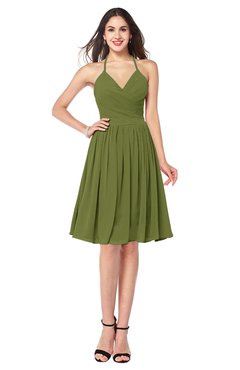 ColsBM Maleah Olive Green Modern A-line Halter Half Backless Knee Length Ruching Plus Size Bridesmaid Dresses