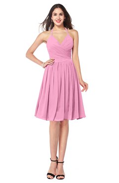 ColsBM Maleah Pink Modern A-line Halter Half Backless Knee Length Ruching Plus Size Bridesmaid Dresses
