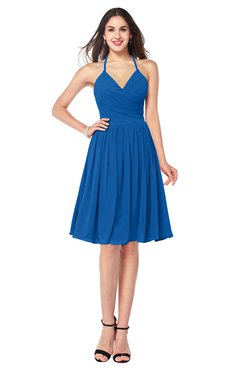 ColsBM Maleah Royal Blue Modern A-line Halter Half Backless Knee Length Ruching Plus Size Bridesmaid Dresses