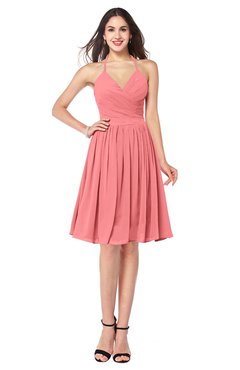 ColsBM Maleah Shell Pink Modern A-line Halter Half Backless Knee Length Ruching Plus Size Bridesmaid Dresses