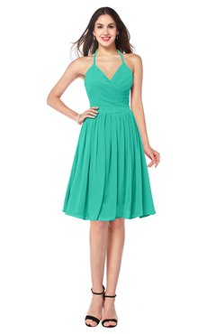 ColsBM Maleah Viridian Green Modern A-line Halter Half Backless Knee Length Ruching Plus Size Bridesmaid Dresses
