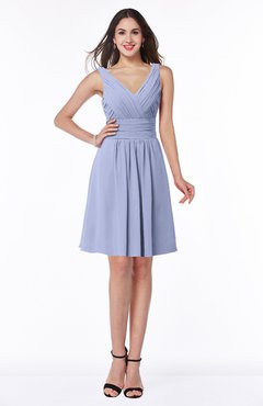 ColsBM Celia Blue Heron Plain Sleeveless Half Backless Chiffon Knee Length Ruching Plus Size Bridesmaid Dresses