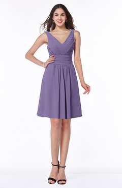 ColsBM Celia Chalk Violet Plain Sleeveless Half Backless Chiffon Knee Length Ruching Plus Size Bridesmaid Dresses