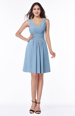 ColsBM Celia Dusty Blue Plain Sleeveless Half Backless Chiffon Knee Length Ruching Plus Size Bridesmaid Dresses