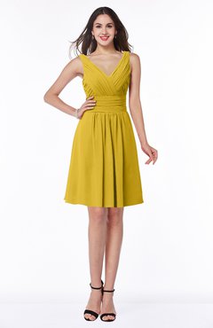 ColsBM Celia Lemon Curry Plain Sleeveless Half Backless Chiffon Knee Length Ruching Plus Size Bridesmaid Dresses