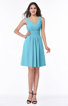 ColsBM Celia Light Blue Plain Sleeveless Half Backless Chiffon Knee Length Ruching Plus Size Bridesmaid Dresses