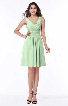 ColsBM Celia Light Green Plain Sleeveless Half Backless Chiffon Knee Length Ruching Plus Size Bridesmaid Dresses