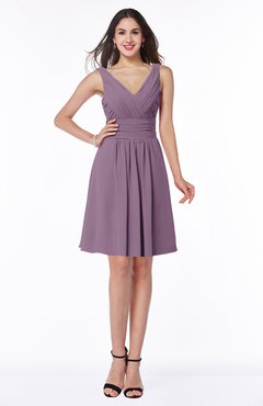 ColsBM Celia Mauve Plain Sleeveless Half Backless Chiffon Knee Length Ruching Plus Size Bridesmaid Dresses