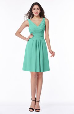 ColsBM Celia Mint Green Plain Sleeveless Half Backless Chiffon Knee Length Ruching Plus Size Bridesmaid Dresses