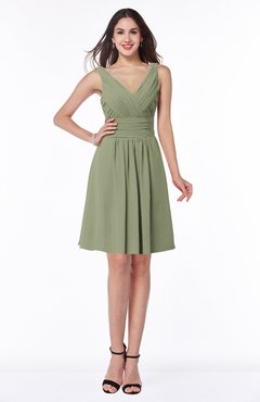 ColsBM Celia Moss Green Plain Sleeveless Half Backless Chiffon Knee Length Ruching Plus Size Bridesmaid Dresses