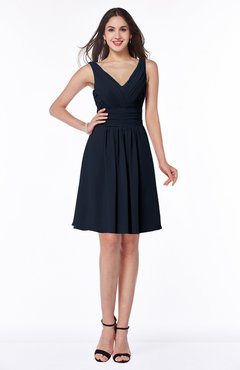 ColsBM Celia Navy Blue Plain Sleeveless Half Backless Chiffon Knee Length Ruching Plus Size Bridesmaid Dresses