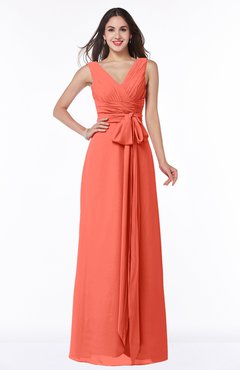 ColsBM Pearl Living Coral Glamorous V-neck Sleeveless Chiffon Floor Length Plus Size Bridesmaid Dresses