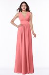 ColsBM Bonnie Coral Traditional V-neck Zip up Chiffon Floor Length Ruching Plus Size Bridesmaid Dresses